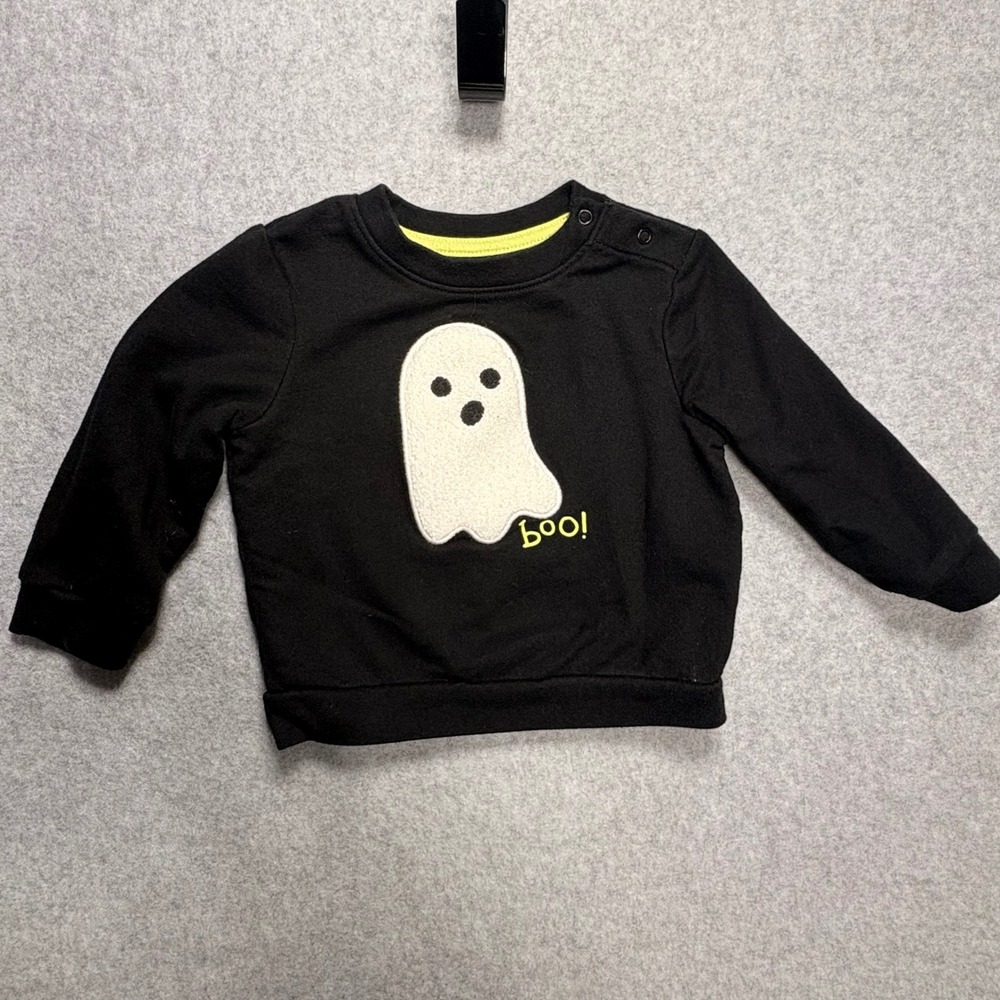 Cat & Jack Baby Ghost Boo Halloween Sweatshirt Black 12M Pullover Snaps